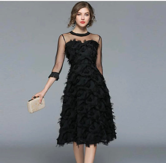 Timeless Classy Black Dress Sheer Sleeves