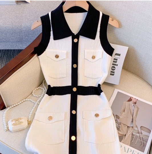 Sleeveless Black and White Mini Dress
